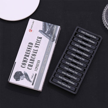 12pcs compressed charcoal sticks set, soft medium hard square charcoal for sketching drawing